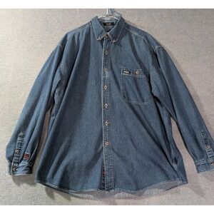 Vintage FUBU Jeans Denim Button Up‎ Shirt XL Hip Hop Streetwear Y2K Embroidered